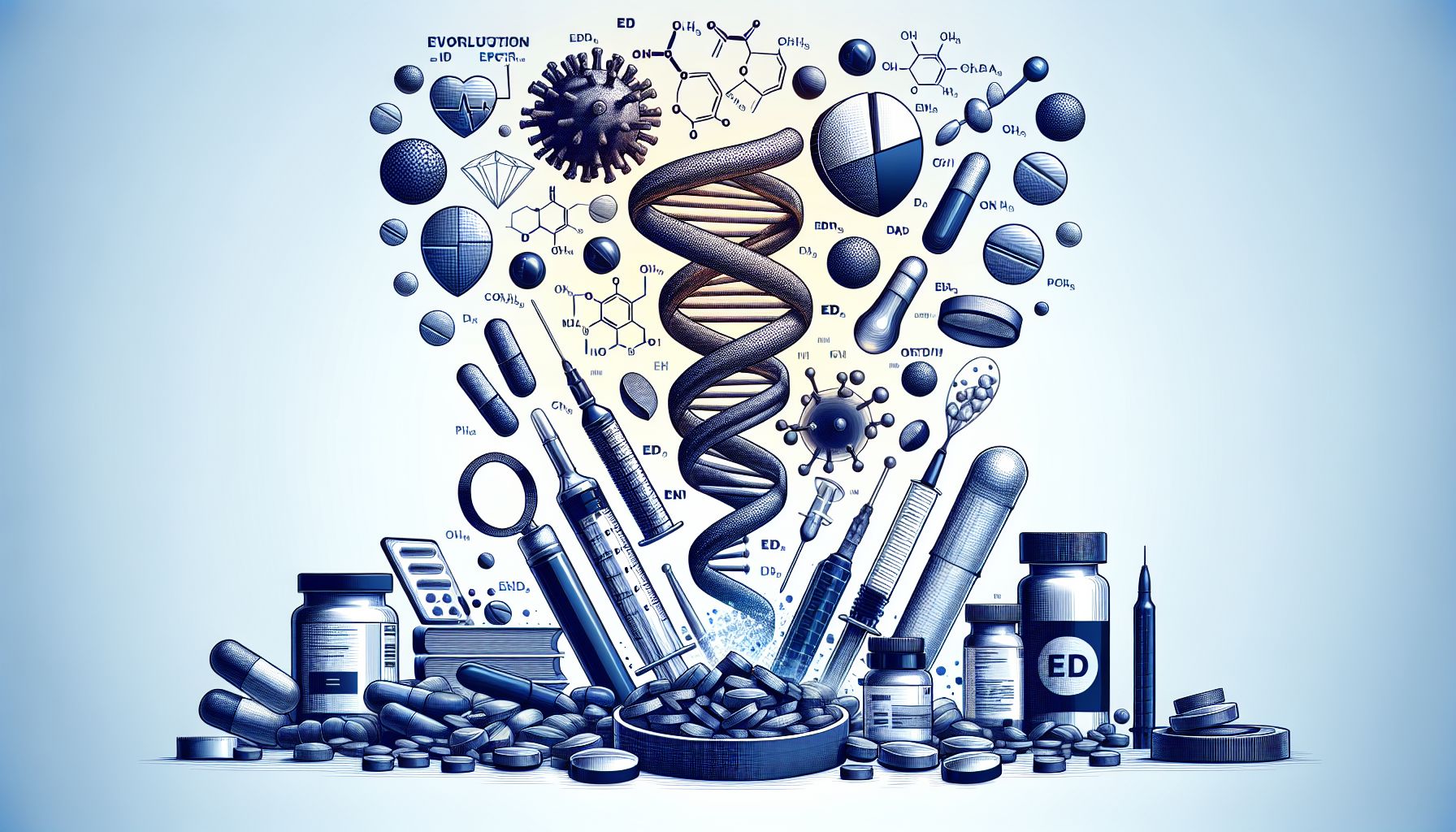 Assortment of ED pills and medications for erectile dysfunction on a pharmacy counter
